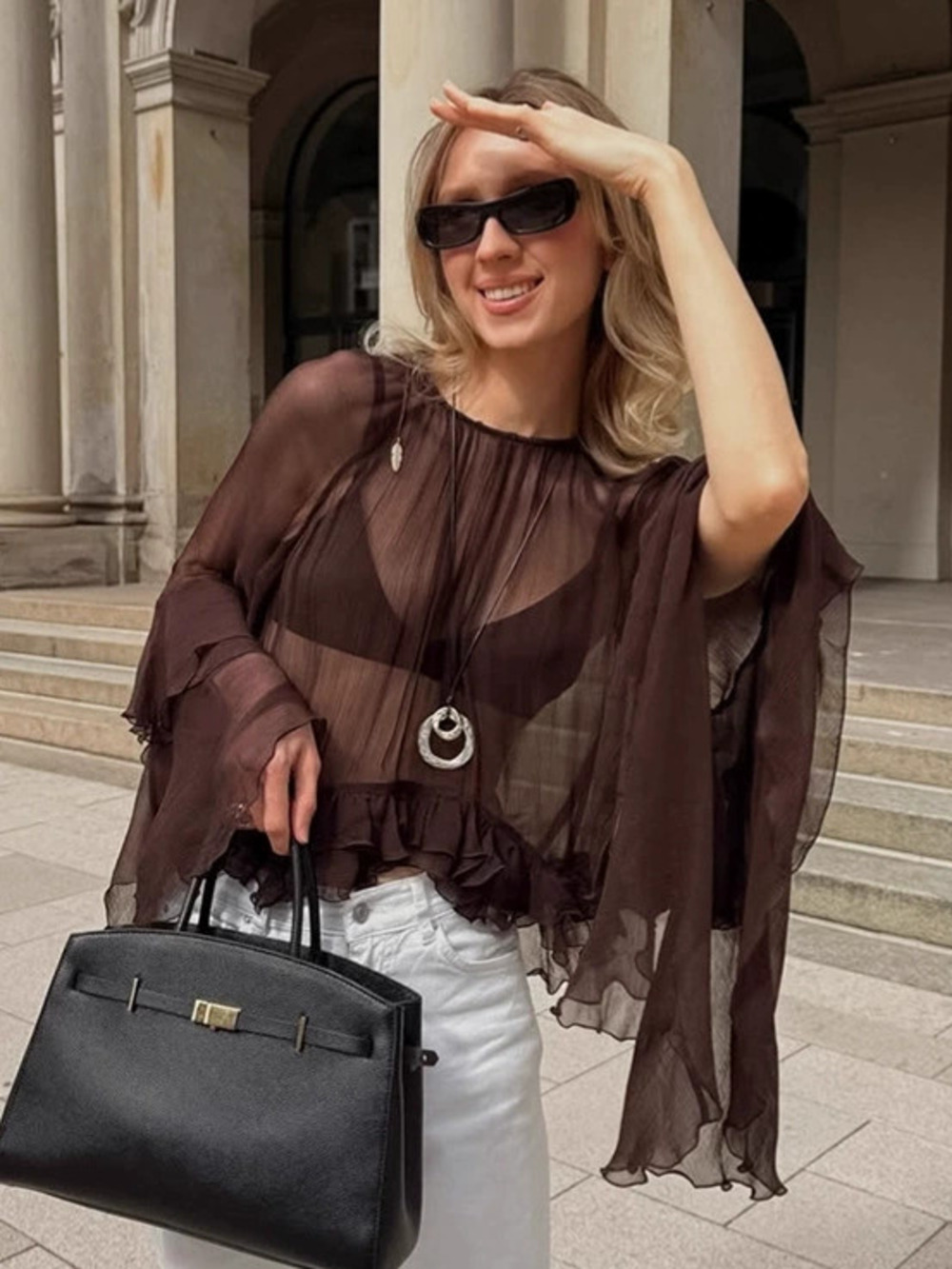 Forever 21 Royal Chiffon Loose Bell Sleeve Blouse Sheer Brown Fall Round Neck